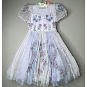 NWT Ivy City Co Purple Mini Enchanted Floral Embroidery Tulle Dress Girls 6-7